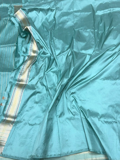 Powder Blue Handwoven Pure Banarasi Silk Saree in Kadwa Weave – 100% Katan Mulberry Silk