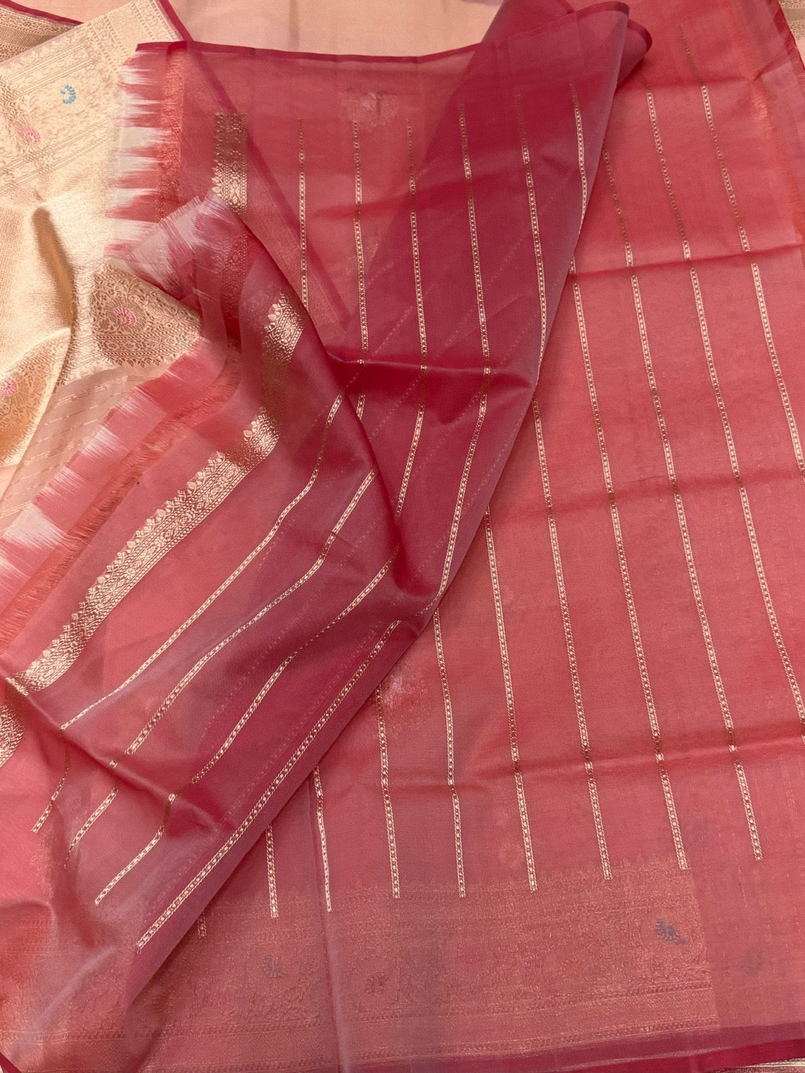 Peach Handwoven Pure Organza Silk Saree