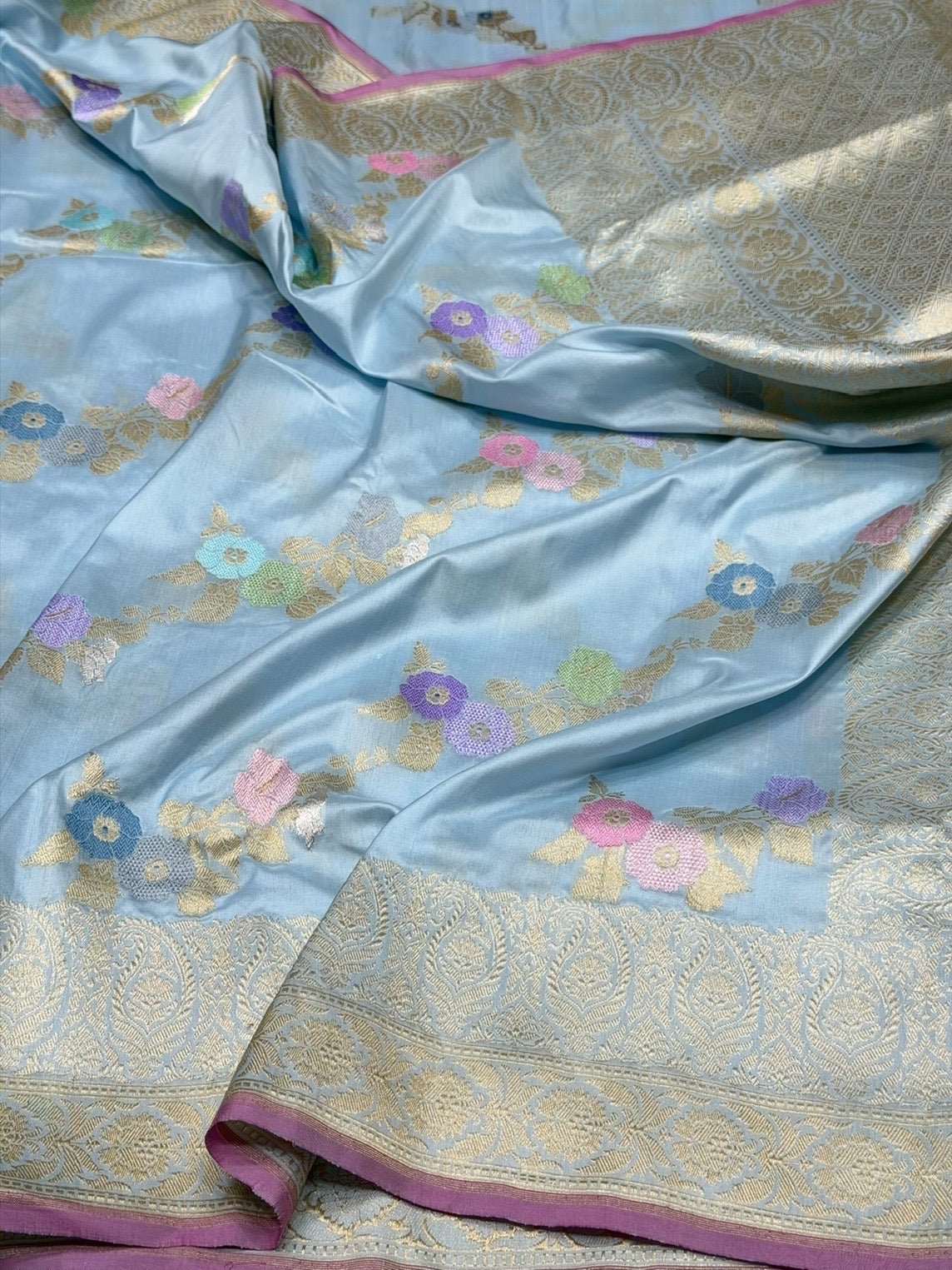 Sky Blue Handwoven Pure Banarasi Silk Saree