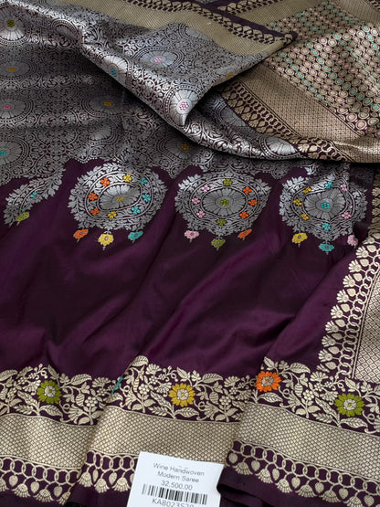 Wine Handwoven Pure Banarasi Silk Saree