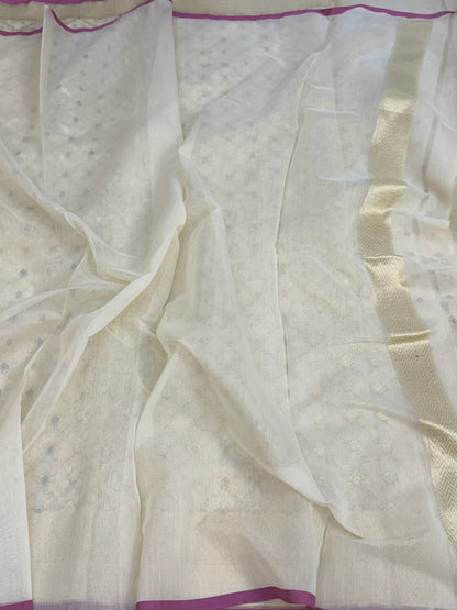 White Pure Banarasi Kora Cotton Saree