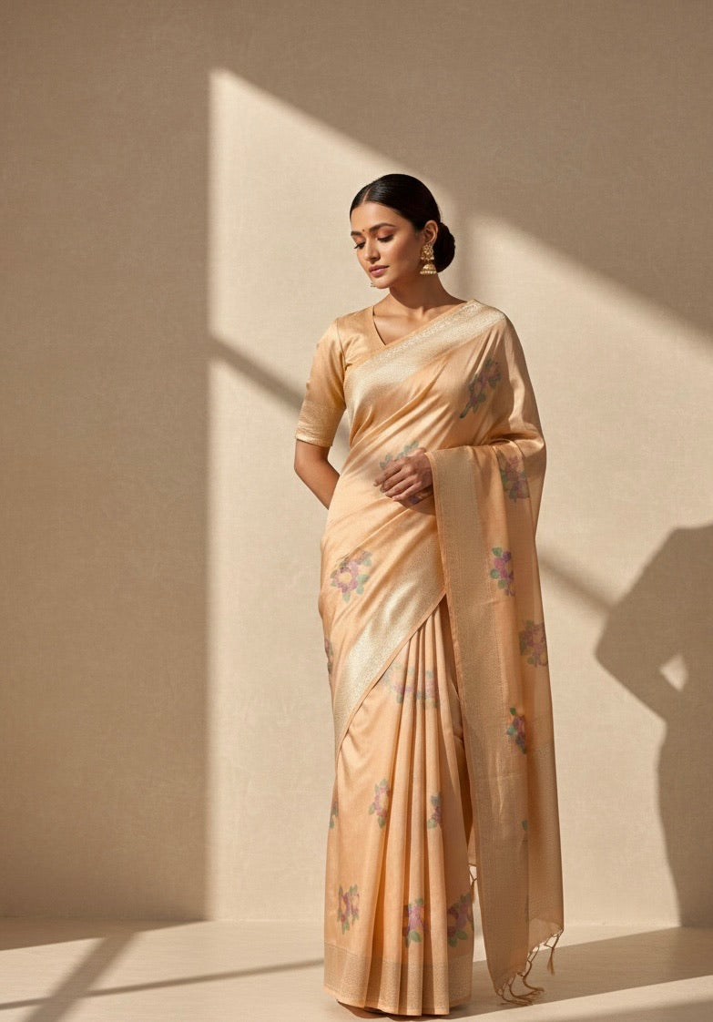 Peach Gold Handwoven Pure Banarasi Tissue Saree – Kadwa Weave, Pure Tissue Silk