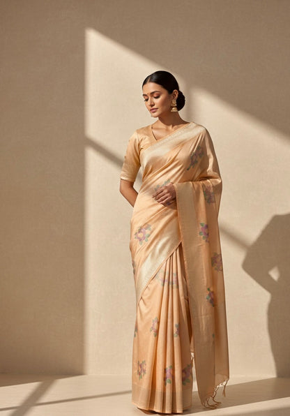 Peach Gold Handwoven Pure Banarasi Tissue Saree – Kadwa Weave, Pure Tissue Silk
