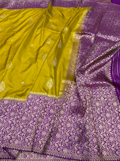 Mehndi Yellow Handwoven Pure Banarasi Ektara Silk Saree in Kadwa Weave – 100% Pure Mulberry Silk