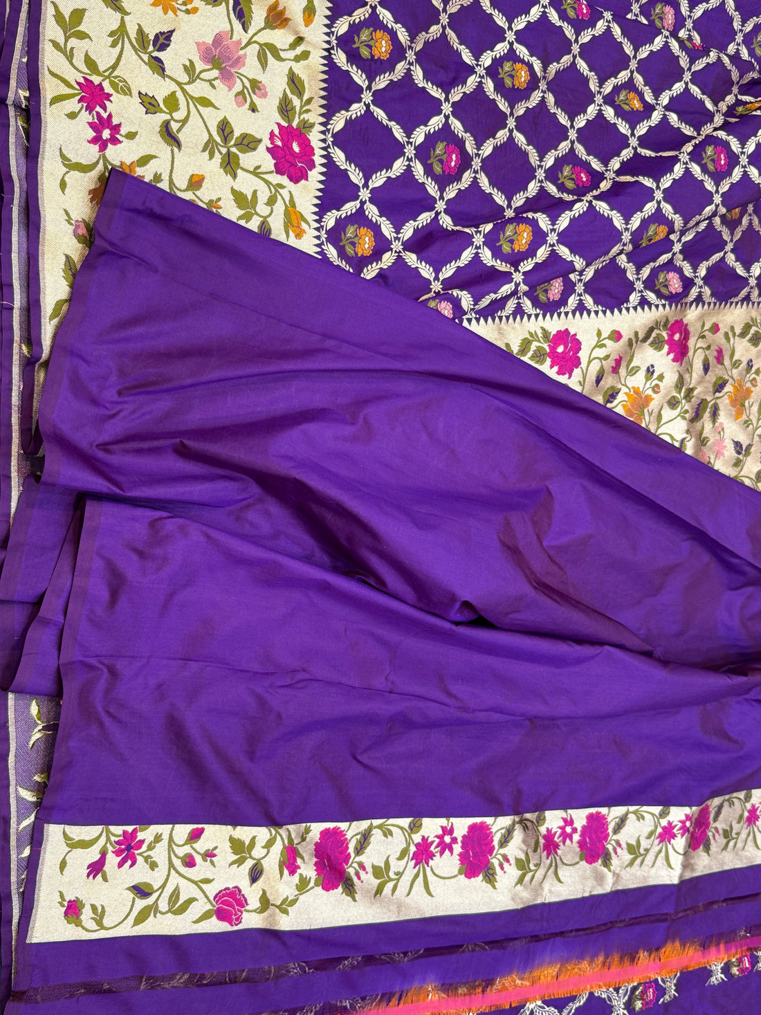 Purple Paithani Rose Pattern Pure Silk Saree