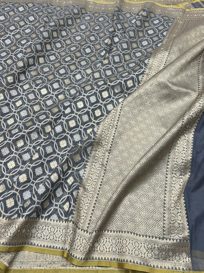 Ash Grey Banarasi Pure Kora Cotton Saree