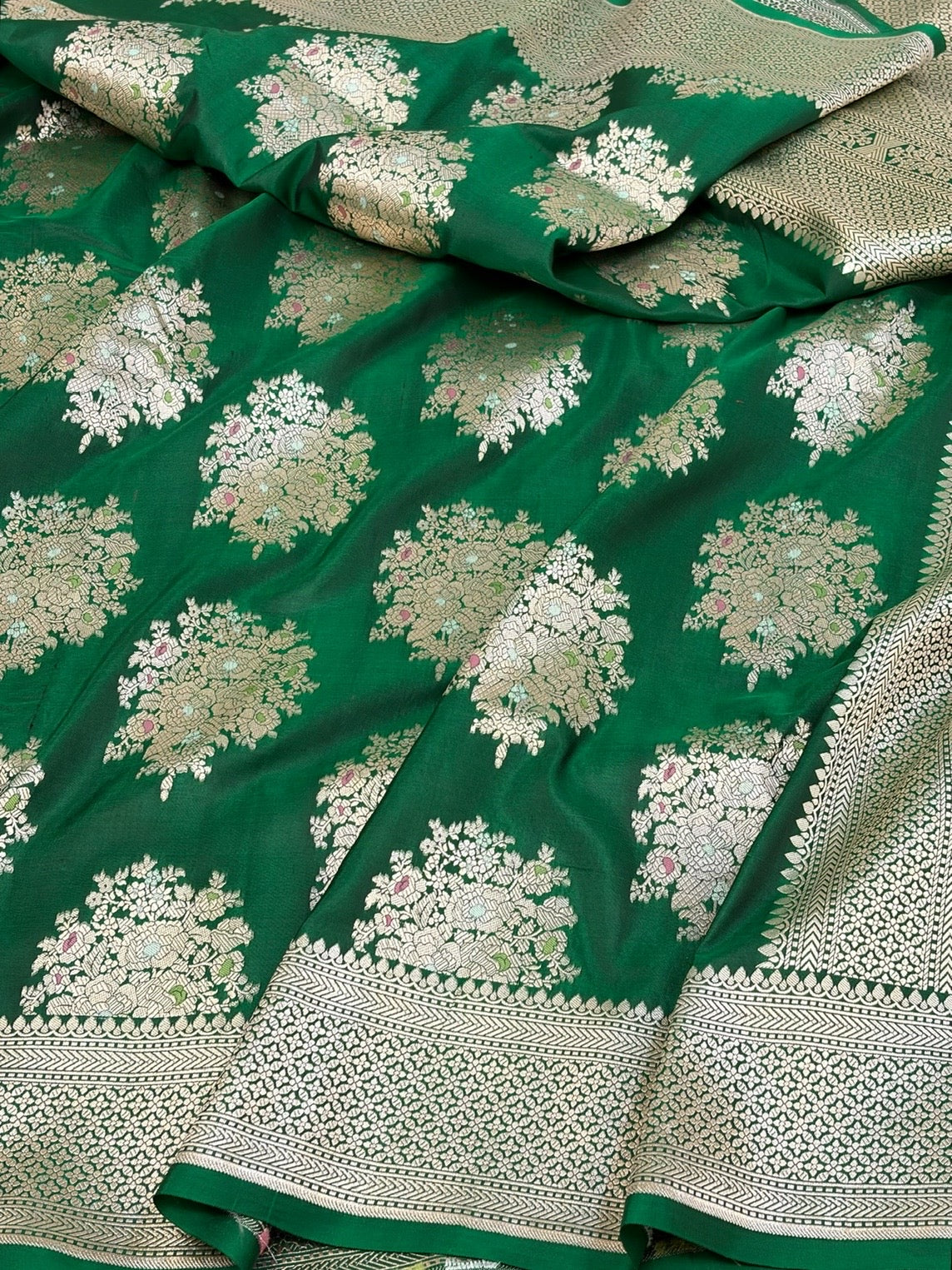 Bottle Green Minakari Banarasi Pure Katan Silk Saree