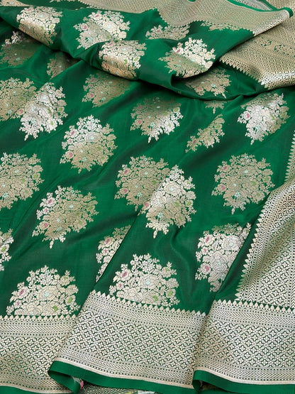 Bottle Green Minakari Banarasi Pure Katan Silk Saree