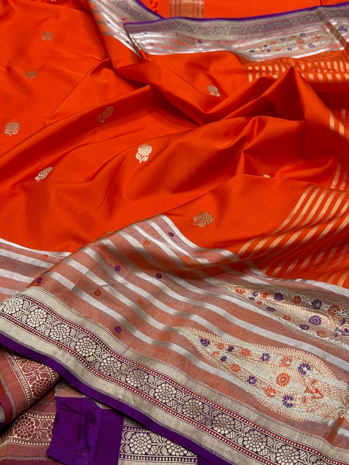 Orange Handwoven Pure Banarasi Ektara Tissue Saree | Lightweight Kadwa Katan Silk