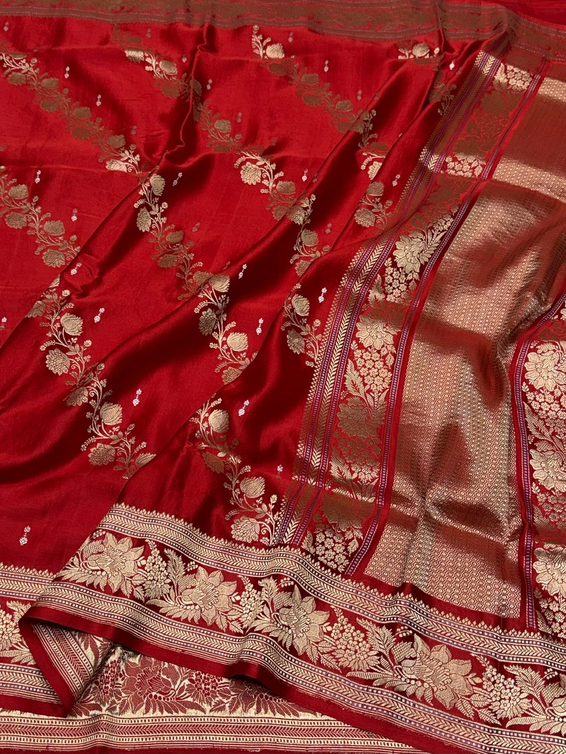 Brick Red Handwoven Pure Mashru Banarasi Satin Silk Saree – Kadwa Weave | Authentic Banaras Handloom