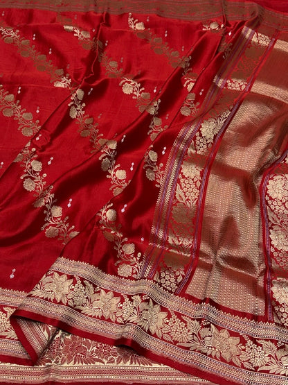 Brick Red Handwoven Pure Mashru Banarasi Satin Silk Saree – Kadwa Weave | Authentic Banaras Handloom
