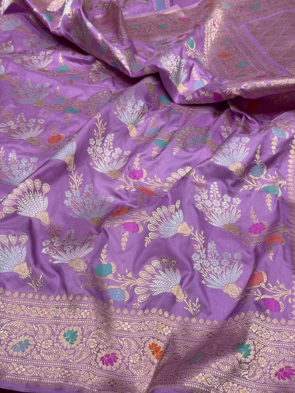 Lavender Handwoven Pure Banarasi Silk Saree in Kadwa Weave | Authentic Katan Mulberry Silk