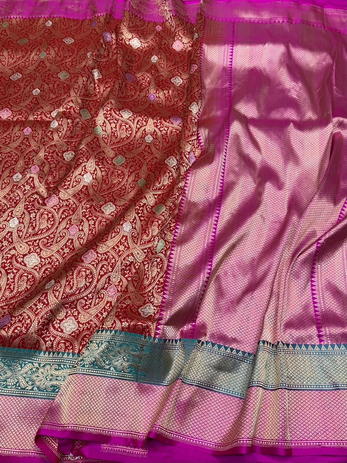 Red Pure Banarasi Silk Brocade Saree with Rani Pink Satin Border – Katan Silk Elegance
