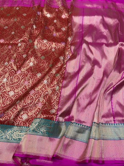 Red Pure Banarasi Silk Brocade Saree with Rani Pink Satin Border – Katan Silk Elegance