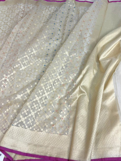 White Pure Banarasi Kora Cotton Saree