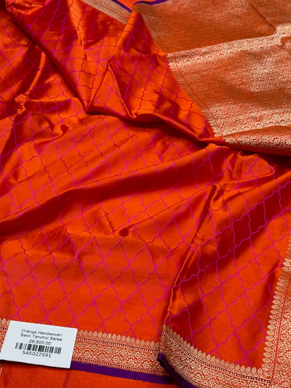 Orange Handwoven Pure Banarasi Satin Tanchoi Silk Saree