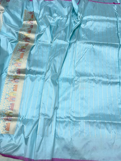 Sky Blue Handwoven Pure Banarasi Silk Saree | Pure Katan Silk | Kadwa Weave | HMR Handlooms