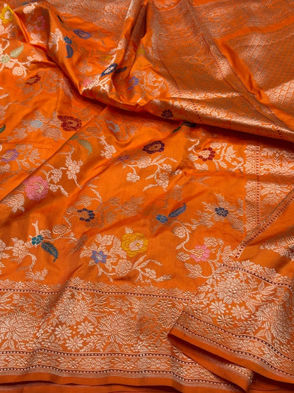 Orange Handwoven Banarasi Ektara Pure Silk Saree – Luxury Kadwa Handloom Wedding &amp; Festive Saree