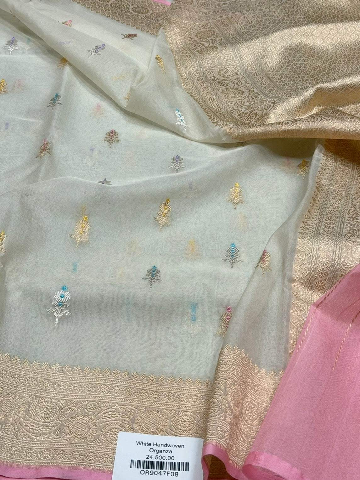 White Handwoven Pure Banarasi Organza Silk Saree