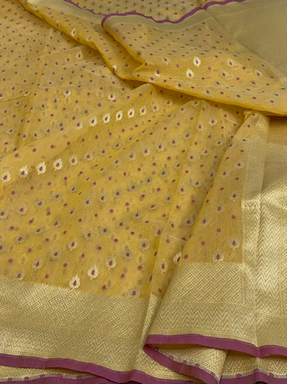 Yellow Pure Banarasi Kora Cotton Saree