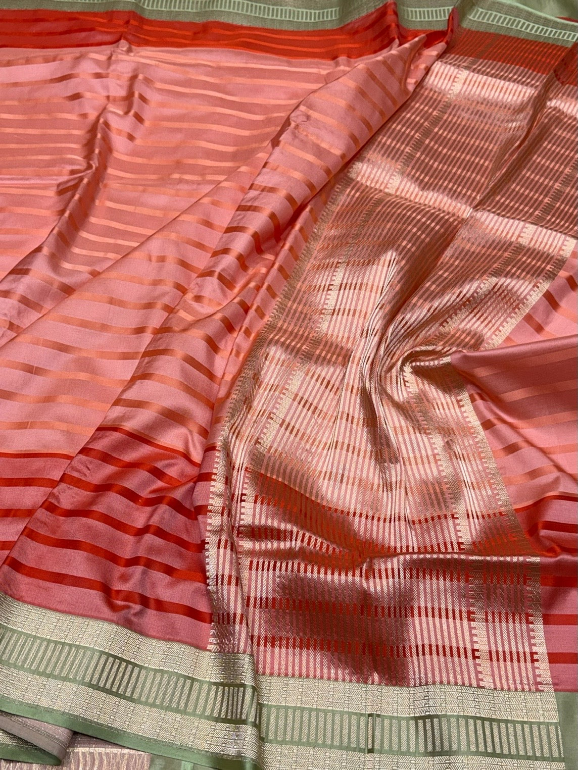 Peach Handwoven Pure Banarasi Satin Tanchoi Silk Saree – Kadwa Weave | Authentic Banaras Handloom