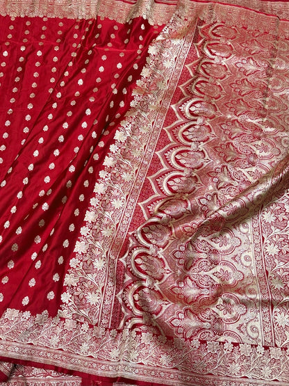 Red Handwoven Vintage Pure Banarasi Satin Silk Saree