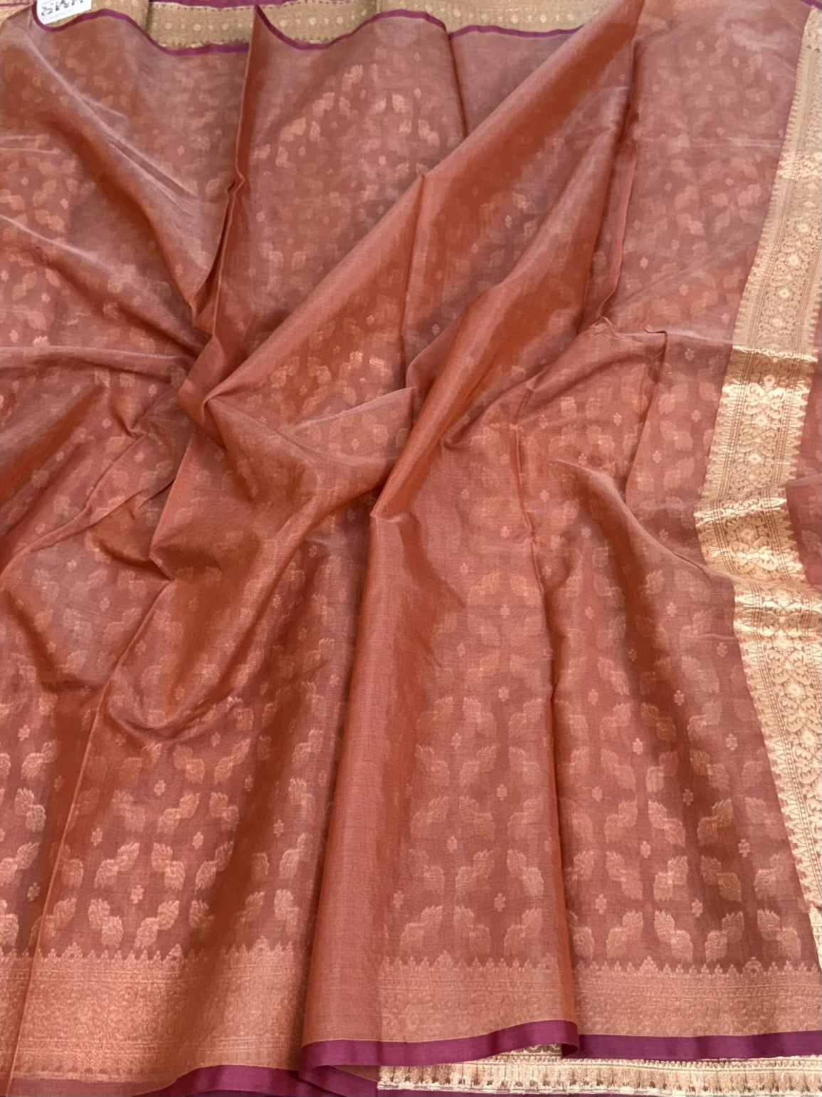 Peach Pure Banarasi Kora Cotton Saree