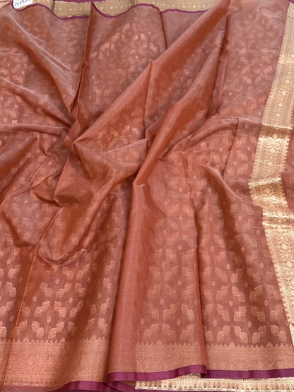 Peach Pure Banarasi Kora Cotton Saree