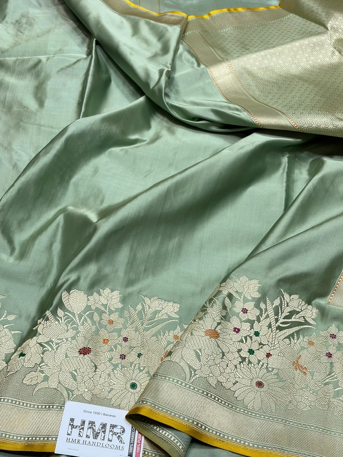 Sage Green Handwoven Pure Banarasi Satin Silk Saree – Kadwa Weave | 100% Pure Satin Silk | Authentic Banaras Handloom