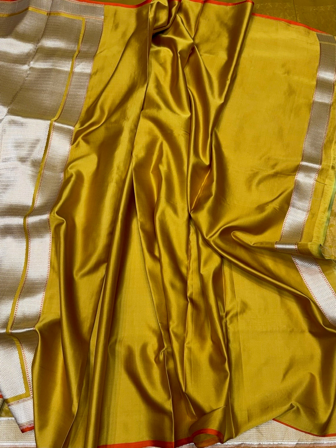 Mustard Yellow Handwoven Pure Banarasi Satin Tanchoi Silk Saree