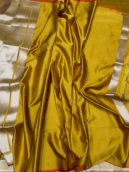 Mustard Yellow Handwoven Pure Banarasi Satin Tanchoi Silk Saree