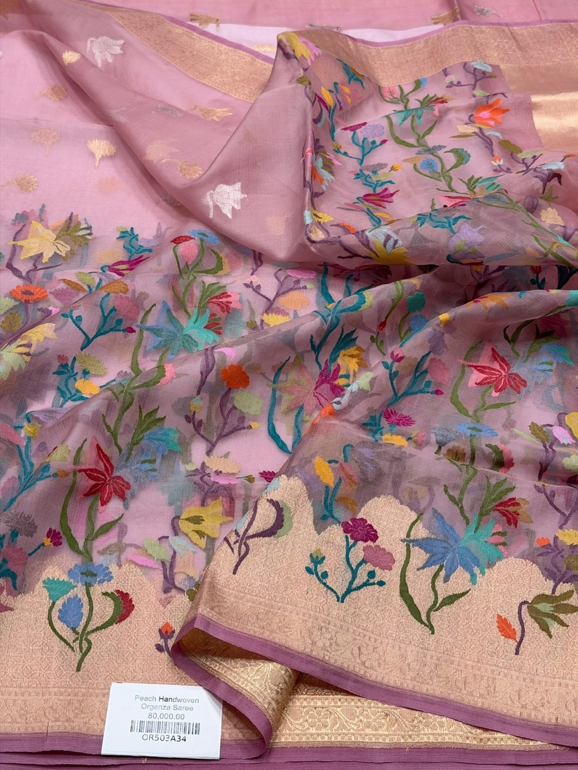 Peach Handwoven Pure Banarasi Organza Silk Saree