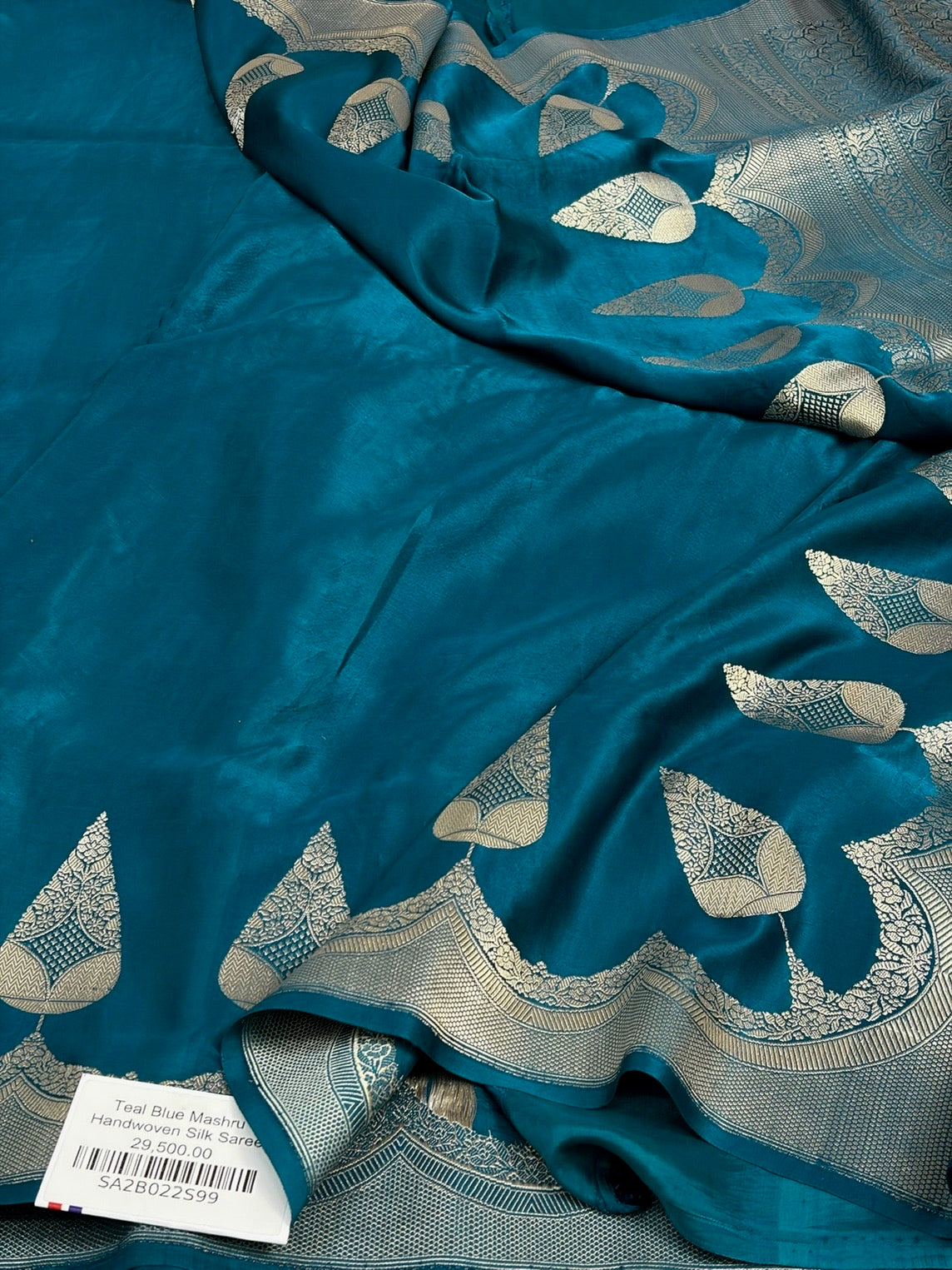 Teal Blue Handwoven Pure Banarasi Mashru Silk Saree