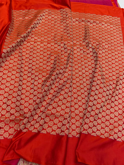 Orange Handwoven Banarasi Pure Mashru Satin Silk Saree