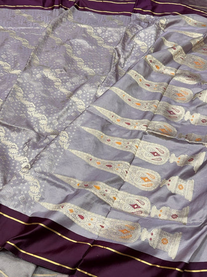 Light Lilac Handwoven Pure Banarasi Satin Tanchoi Silk Saree – Kadwa Weave | Authentic Banaras Handloom