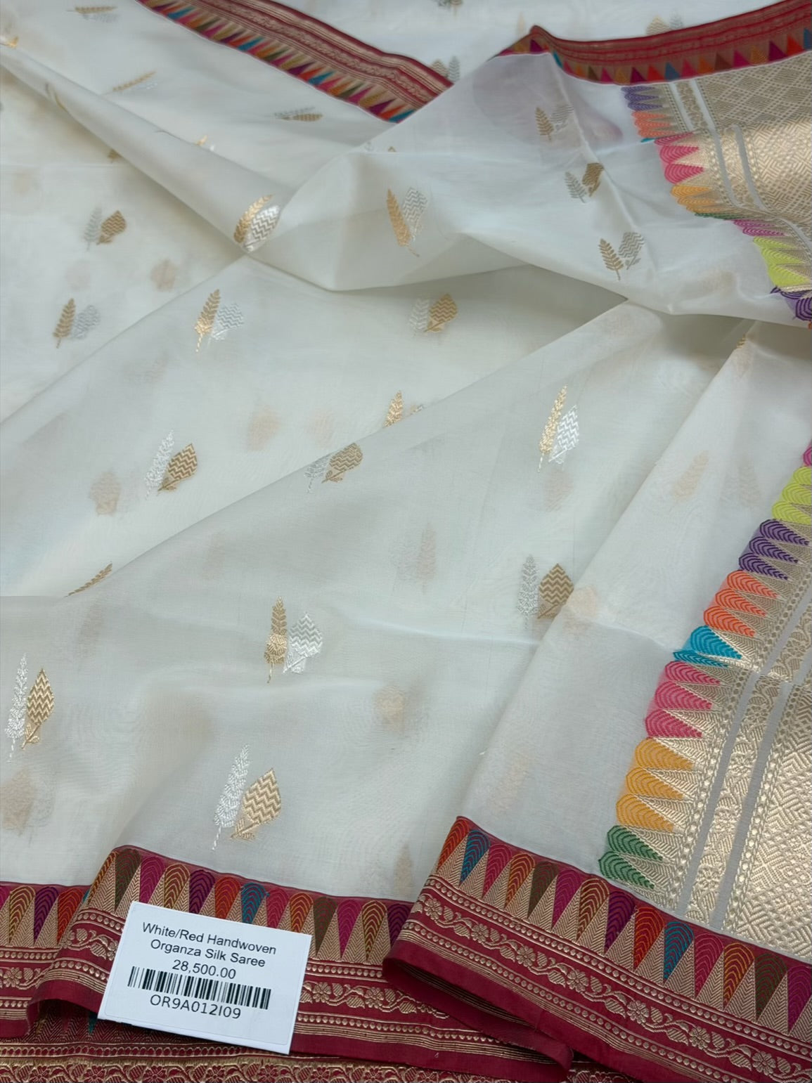 White/Red Handwoven Pure Banarasi Organza Silk Saree