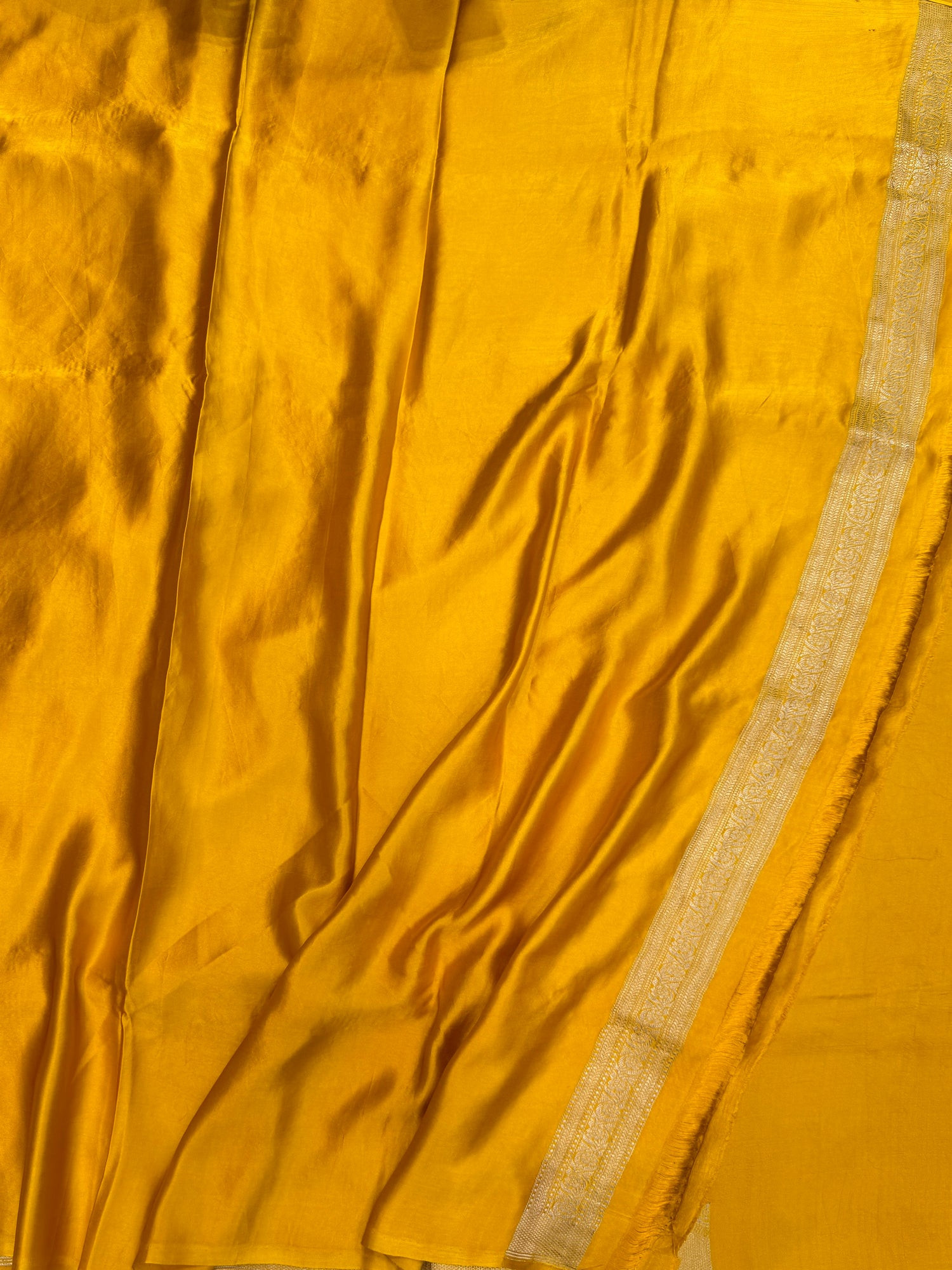 Yellow Handwoven Pure Mashru Banarasi Satin Silk Saree – Kadwa Weave | Authentic Banaras Handloom