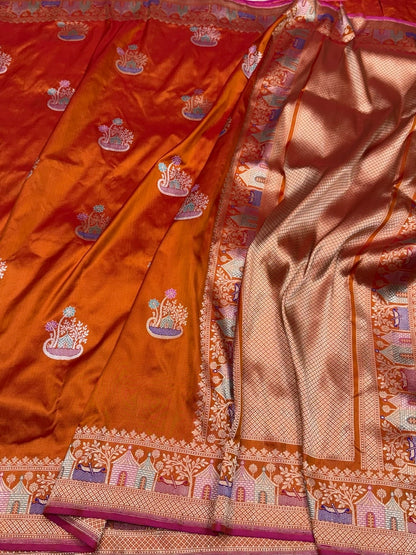 Orange Handwoven Pure Banarasi Silk Saree