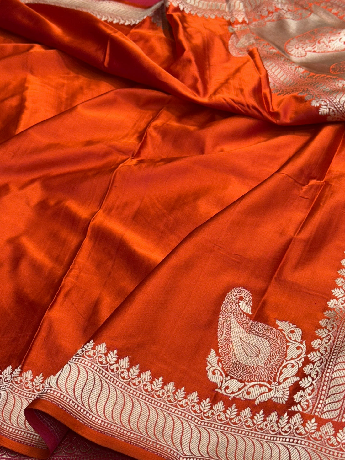 Orange Handwoven Pure Banarasi Satin Silk Saree