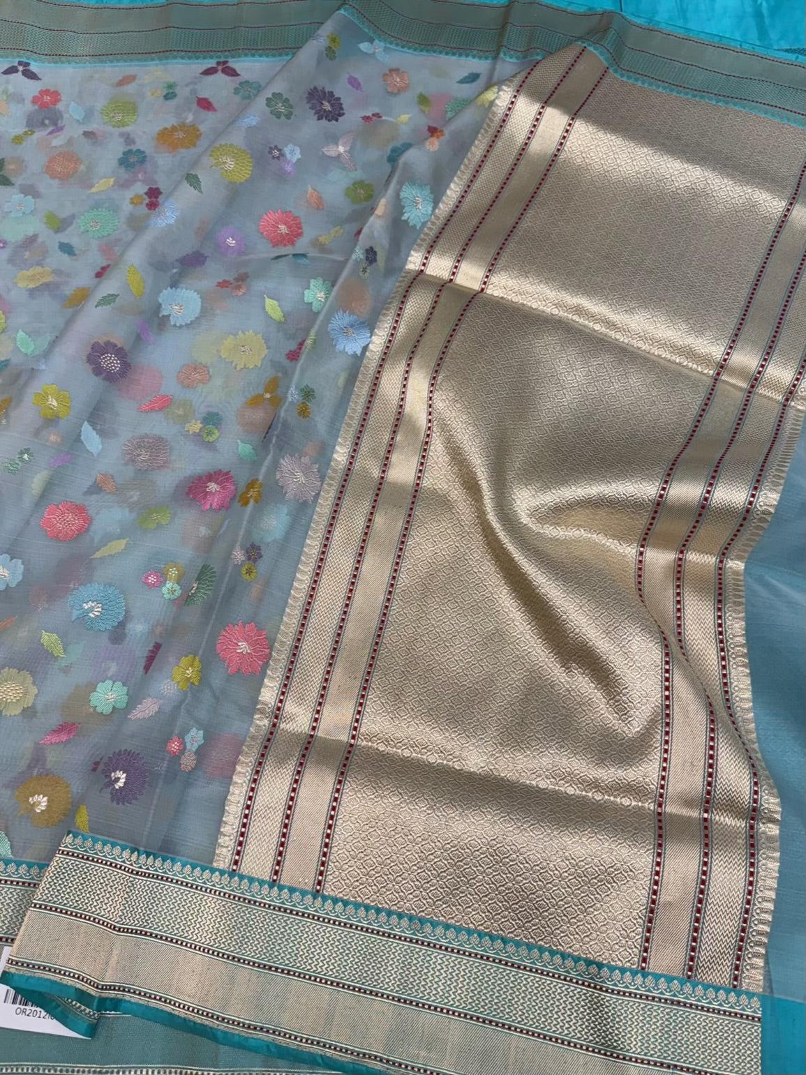 Powder Blue Handwoven Pure Banarasi Organza Silk Saree