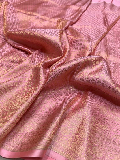 Baby Pink Handwoven Pure Mashru Banarasi Satin Silk Saree