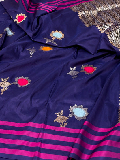 Navy Blue Handwoven Pure Banarasi Katan Silk Saree