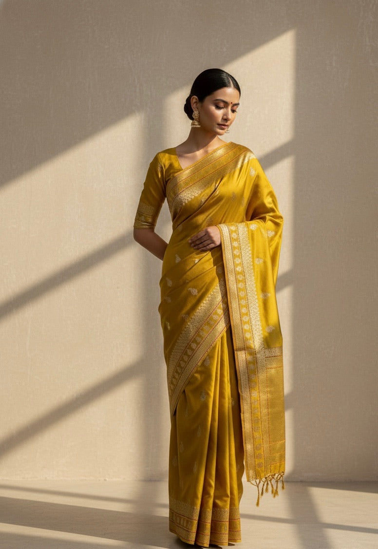 Mustard Yellow Handwoven Pure Banarasi Ektara Silk Saree