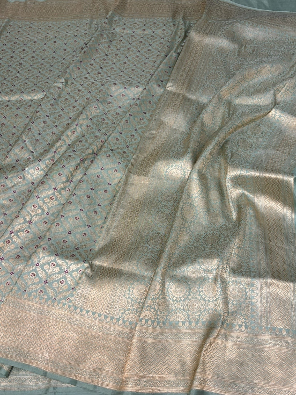 Powder Blue Banarasi Minakari Pure Katan Silk Brocade Saree