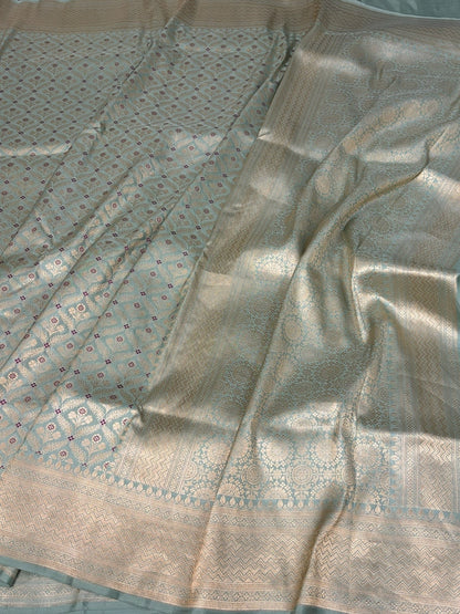 Powder Blue Banarasi Minakari Pure Katan Silk Brocade Saree