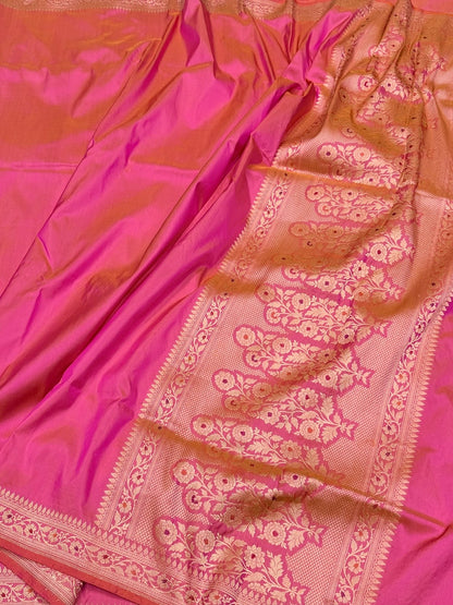 Orangish Pink Handwoven Pure Banarasi Katan Silk Saree | Kadwa Weave | Intricate Skirt Design | Kadiyal Border | Pure Silk Handloom Saree