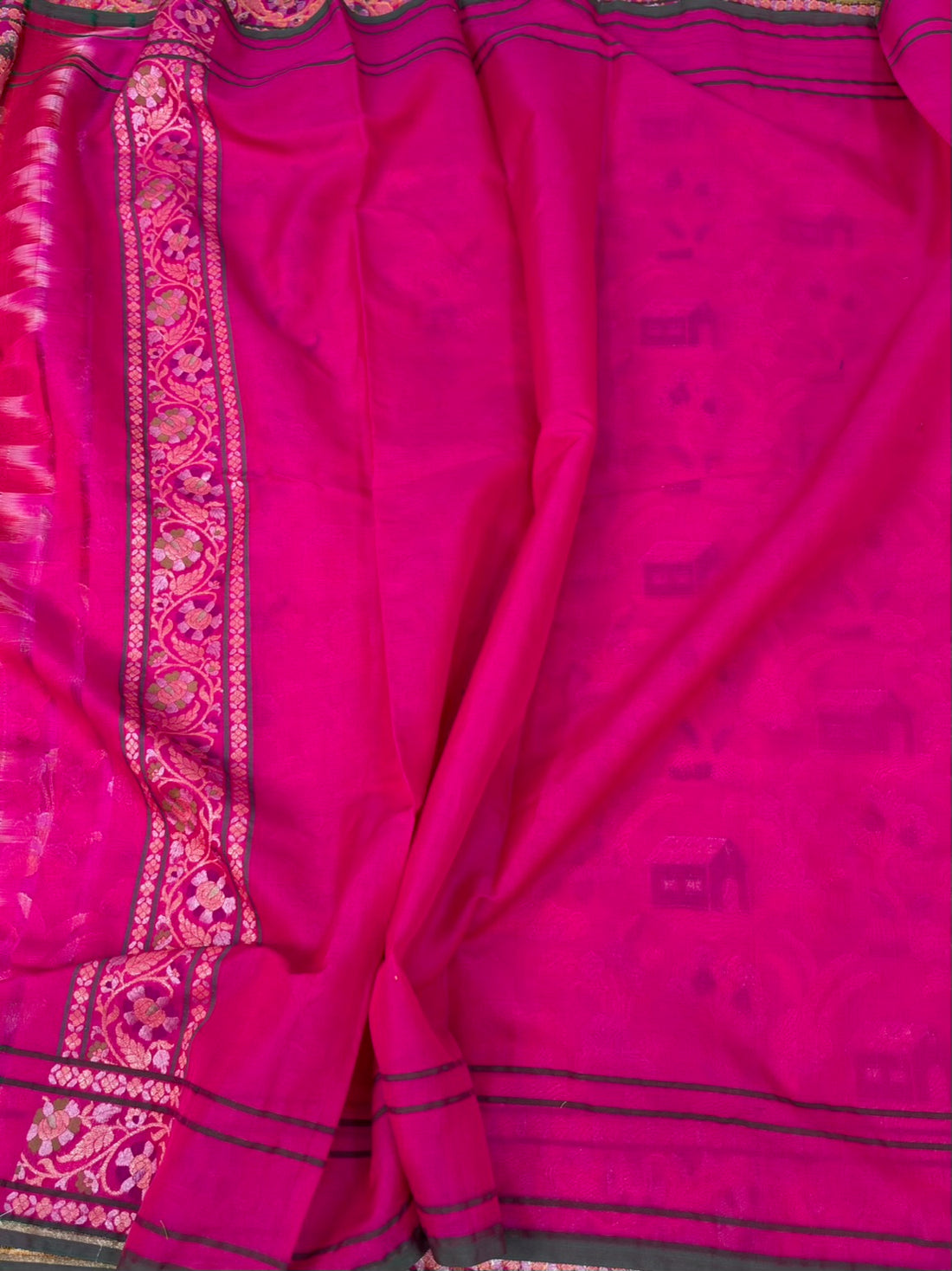 Rani Pink Banarasi Pure Kora Jamdani Saree