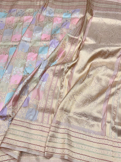 Peach Pink Handwoven Pure Banarasi Rangkaat Silk Saree – Pure Katan Silk | Rangkaat Technique | Luxury Banarasi Saree