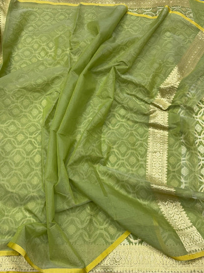 Green Banarasi Pure Kora Cotton Saree
