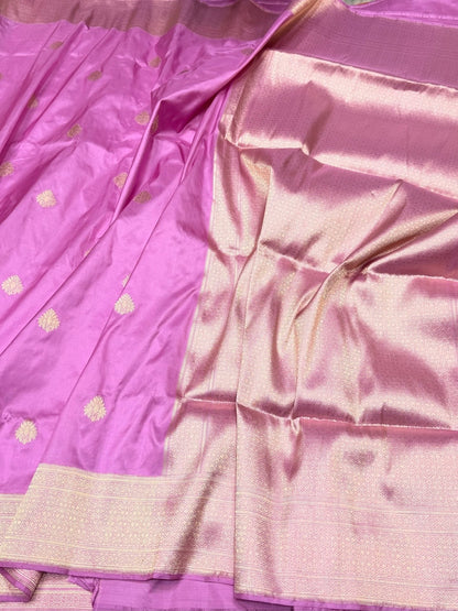 Pastel Pink Handwoven Pure Banarasi Silk Saree – Katan Silk, Kadwa Weave &amp; Traditional Craftsmanship